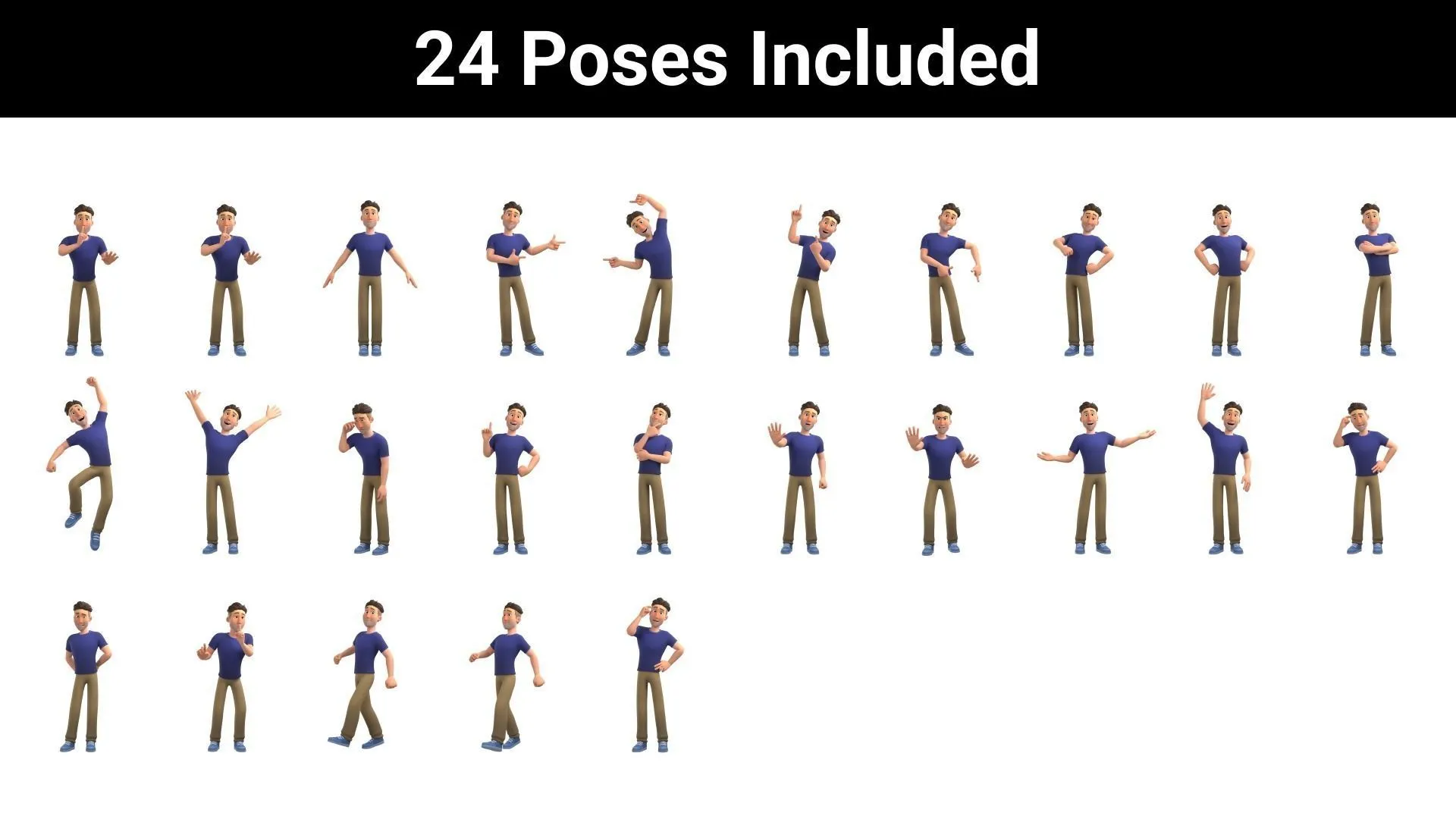 Multiple pre-made poses for Cartoon Man Character